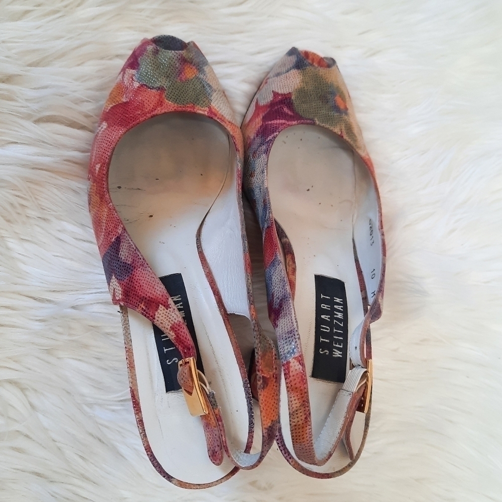 Vintage Stuart Weitzman Floral Sling Back Heels 10 - Picture 6 of 11